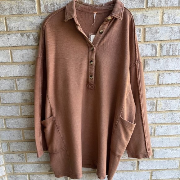 Free People Long Sleeve Willow Antique Oak Polo Knit Tunic Women's Size L - Picture 1 of 9